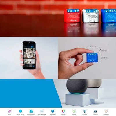 Dispositivos eletrónicos Shelly em vermelho, branco e azul, mão com smartphone e dimensões do dispositivo azul, alto-falantes inteligentes