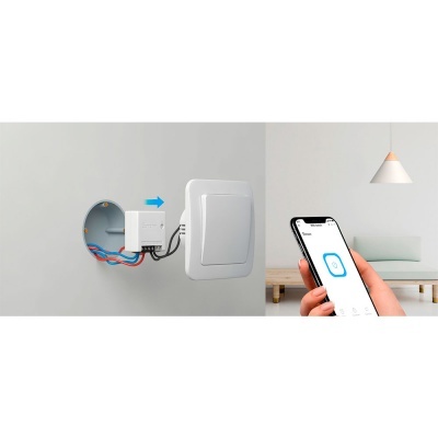 Instalação de interruptor elétrico branco com cabos expostos e telemóvel a controlar aplicação