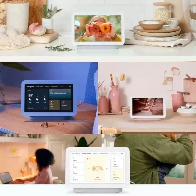 Colagem de imagens de ecrãs inteligentes em ambientes domésticos variados