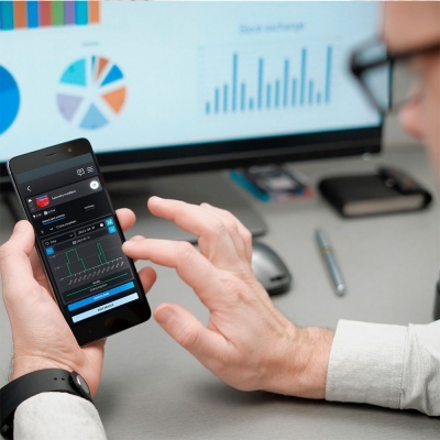 Pessoa a usar smartphone com gráficos financeiros e ecrã com gráficos ao fundo