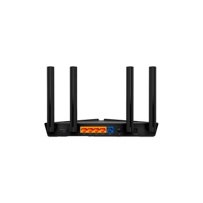 Roteador Wi-Fi preto com quatro antenas e portas Ethernet azuis e laranja