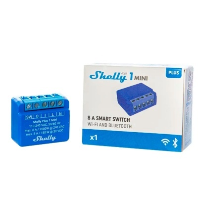 Interruptor inteligente Shelly Plus 1 Mini azul com embalagem branca e azul