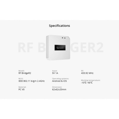 Dispositivo eletrônico branco quadrado com visor digital preto e especificações técnicas ao lado.