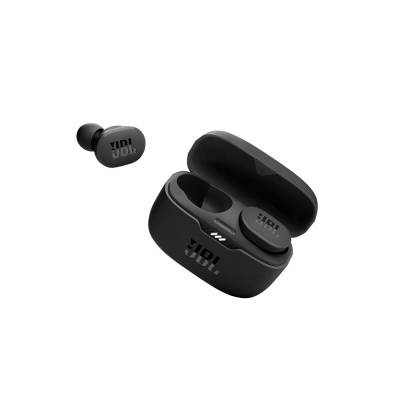 Auriculares Bluetooth JBL True Wireless pretos com estojo de carregamento.