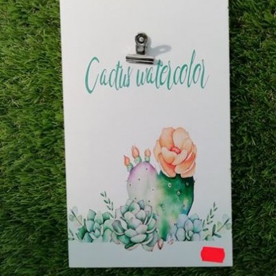 Cartaz com desenho aguarela de cacto e suculentas, texto 'Cactus watercolor', clip e fundo de relva