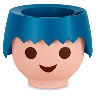 Vaso de cerâmica em forma de cabeça com cabelo azul e rosto sorridente