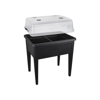 Estufa de cultivo preta com tampa transparente e pernas altas