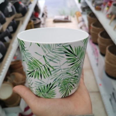 Vaso de cerâmica branco com folhas verdes segurado em loja