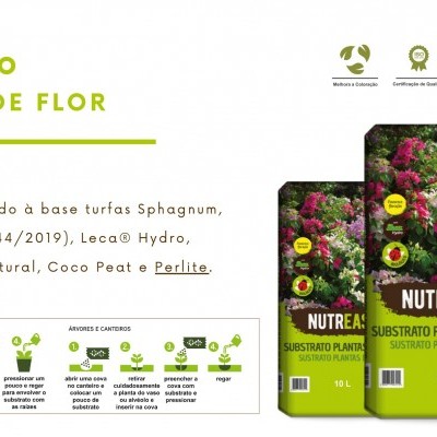 Embalagens de substrato para plantas de flor NUTREASY com texto de composição e instruções