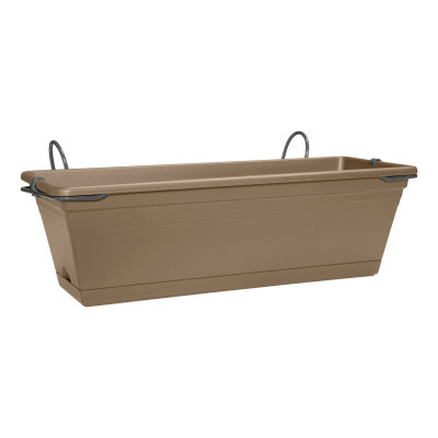 Vaso rectangular de jardim castanho com suportes metálicos cinza