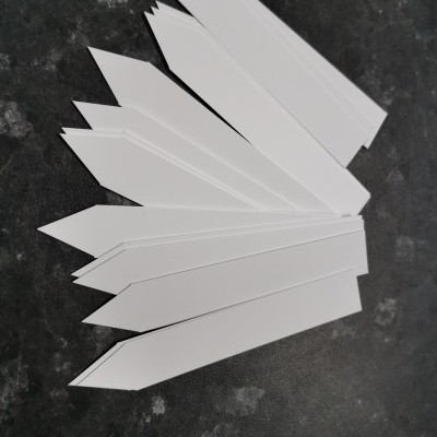 Etiquetas de plástico branco para plantas sobre superfície escura