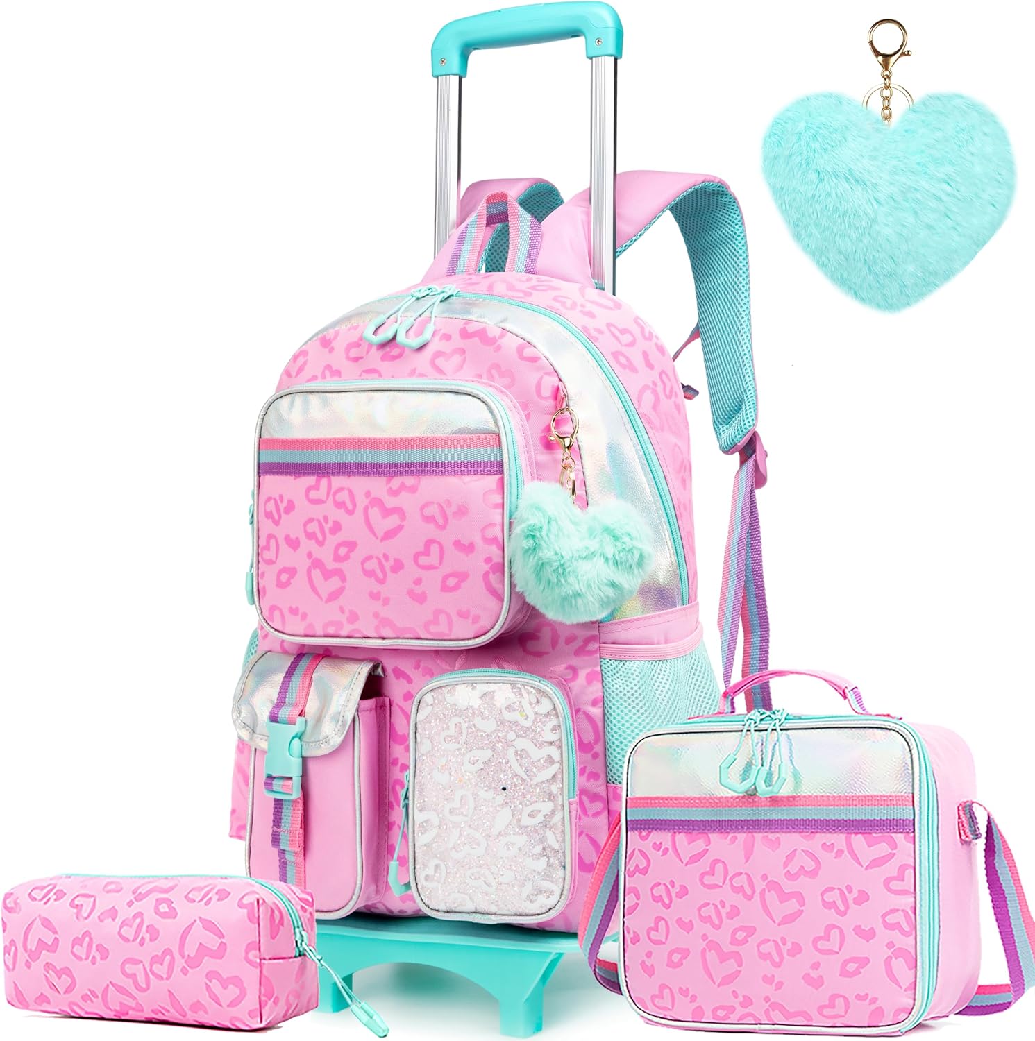 Kit Escolar Corações Rosas: Mochila com Trolley removível + Lancheira + Porta Lápis: tamanho grande Mochila escolar rosa com padrão de corações, estojo, porta-lanches e chaveiro pelúcia em forma de coração