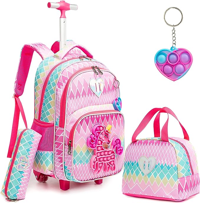 Conjunto Trolley Escolar Unicornio 4 peças, cor rosa, estilo geométrico: Mochila + Lancheira + Porta Lápis + Pop It - tamanho grande Mochila trolley infantil rosa com padrão geométrico, saco de mão e chaveiro pop it coração