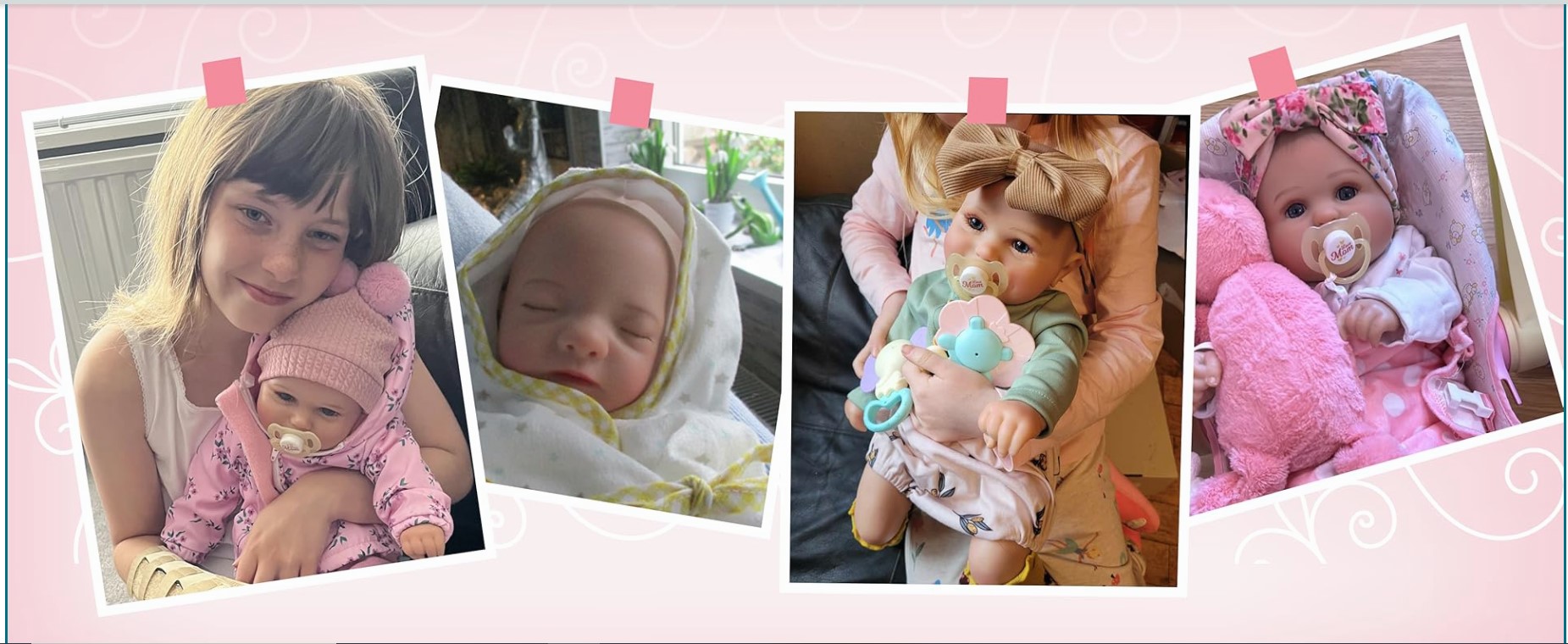 Colagem de fotos de bonecas realistas vestidas como bebés em posições diferentes.