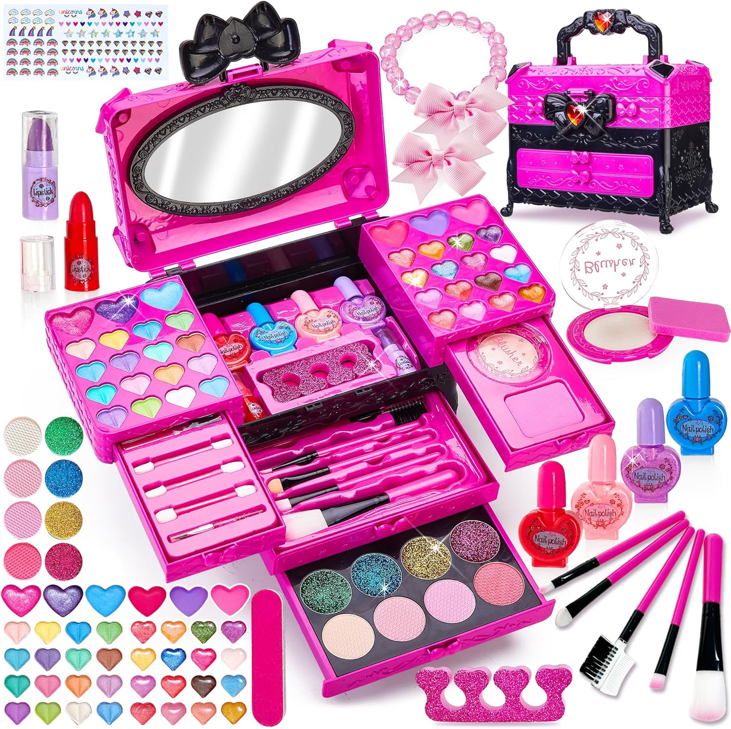Maleta Estojo Grande Maquilhagem Infantil 71 peças, não tóxico, lavável e divertida Conjunto de maquilhagem infantil rosa com espelho, sombras várias cores, vernizes, pincéis e acessórios de cabelo