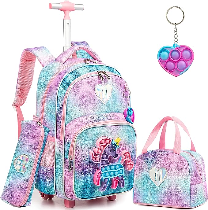 Conjunto Trolley Escolar Unicornio 4 peças: Mochila + Lancheira + Porta Lápis + Pop It - tamanho grande Conjunto escolar colorido com mochila, estojo, bolsa e chaveiro coração pop it