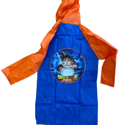 Capa de chuva infantil azul e laranja com personagem Dragon Ball Super