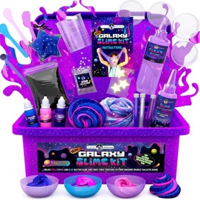 Kit de slime com frascos, tubos, bola de slime, estrela e embalagem roxa com texto Galaxy Slime Kit