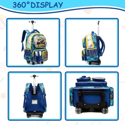 Mochila azul com rodas e alça retrátil vista de várias perspetivas