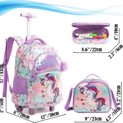 Mochila de unicórnio lilás com lancheira e estojo coordenados