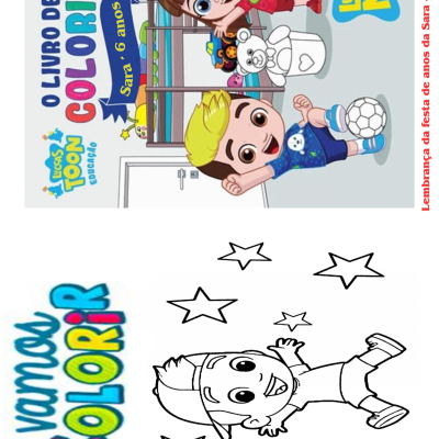 Duas páginas de livro de colorir com personagens animados e texto em português.