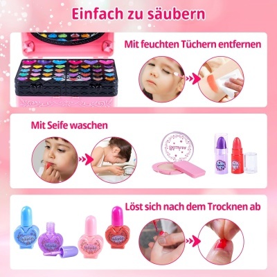 Instruções de uso de maquilhagem infantil com produtos coloridos e texto em alemão