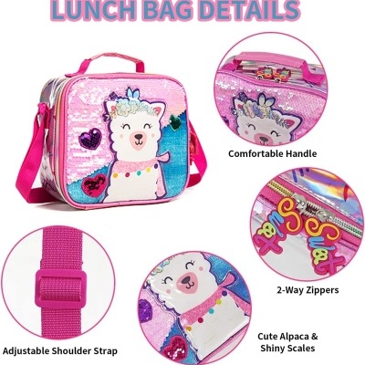Bolsa de almoço rosa com alpaca e lantejoulas