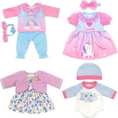 Conjunto de roupas para bebés em azul, rosa, lilás e branco com estampas de unicórnio, elefante e flores.