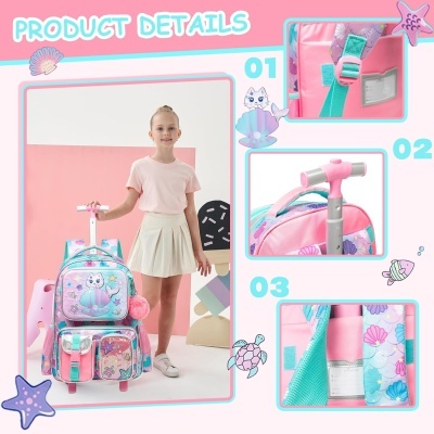 Mochila infantil com padrão de sereia em tons rosa, lilás e azul com rodinhas e alça ajustável