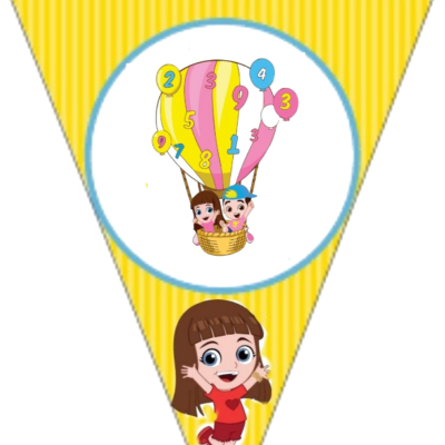 Bandeirola triangular amarela com balão de ar quente e crianças, texto www.brincakids.pt