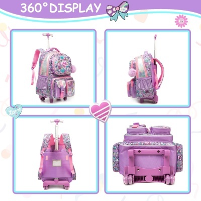 Mochila escolar rosa com rodas e estampa floral em várias vistas