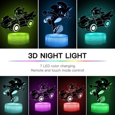 Sete luzes noturnas 3D LED coloridas com personagens em pose e carro sobre bases luminosas