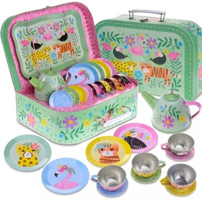 Conjunto infantil de chá em metal com mala decorada com animais selvagens e flores