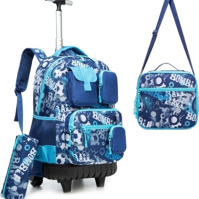 Mochila azul com rodinhas e padrão branco e azul, com lancheira e estojo combinando