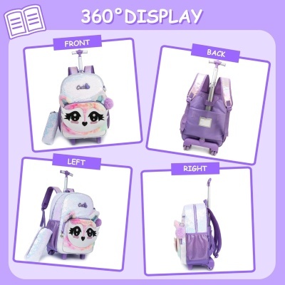 mochila infantil lilás e branca com estampa de unicórnio e carrinho ajustável