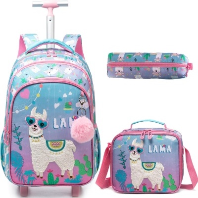 Conjunto de mochila com carrinho, estojo e lancheira com padrão de lama em azul e rosa