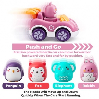 Brinquedo carro rosa com texto 'Push and Go' e quatro cabeças de animais coloridas com nomes