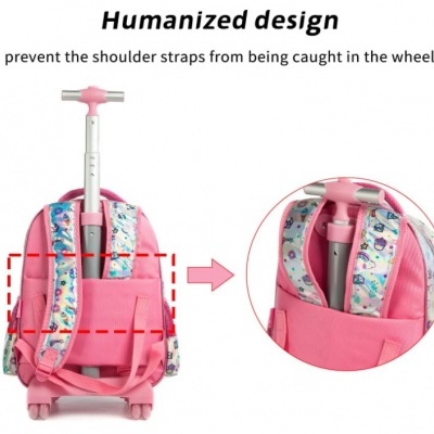 Mochila de rodas cor de rosa com design que evita que as alças fiquem presas nas rodas