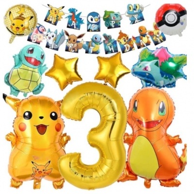 Conjunto de balões de festa Pokémon com personagens e número 3 dourado.