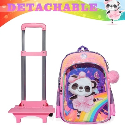 Mochila infantil rosa com desenho de panda e carrinho de transporte rosa destacável