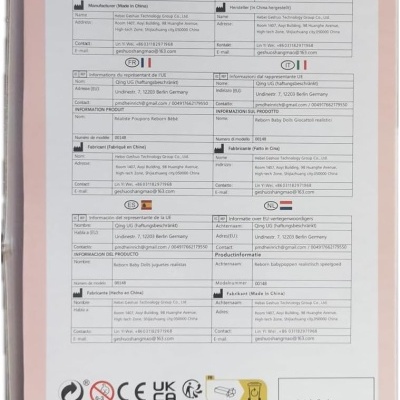 Embalagem cor de rosa de brinquedo Baby Doll com texto multilíngue e símbolos de segurança