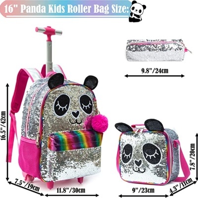 Conjunto de malas panda para crianças com mochila com rodas, lancheira e estojo, cor de rosa e prata com detalhes de panda.