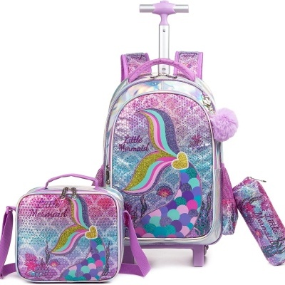 Conjunto escolar cor-de-rosa com padrão de sereia e acessórios combinando