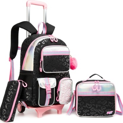 Conjunto escolar mochila de rodinhas, lancheira e estojo pretos com detalhes rosa e branco