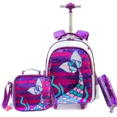 Mochila com rodas, bolsa para almoço e estojo com padrão de sereia em paetês coloridos