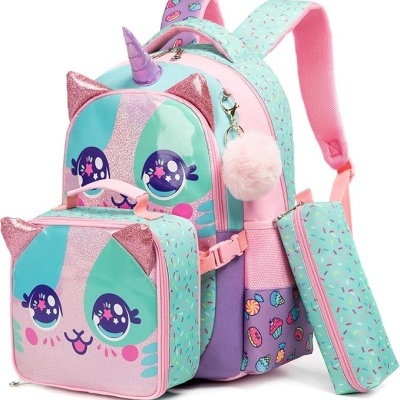 Mochila infantil azul e rosa com design de gato e unicórnio, mala térmica frontal, estojo e pompom decorativo