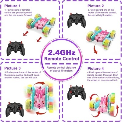 Instruções de uso para carro de controlo remoto rosa com rodas multicolor e comando preto
