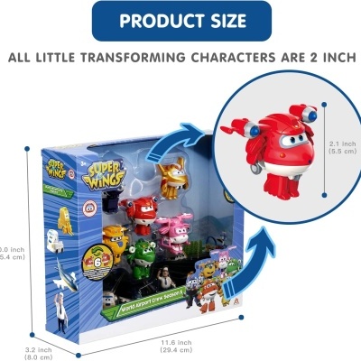 Caixa azul com conjunto de brinquedos Super Wings, seis personagens transformáveis e texto visível