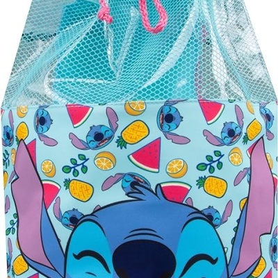 Mochila saco azul claro com estampa colorida e personagem Stitch