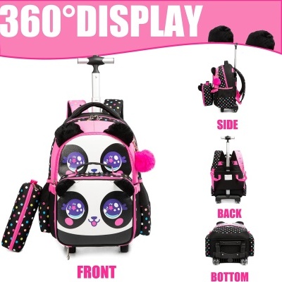 Mochila de carrinho panda preta, branca e rosa com bolsos de bolinhas coloridas e rodas